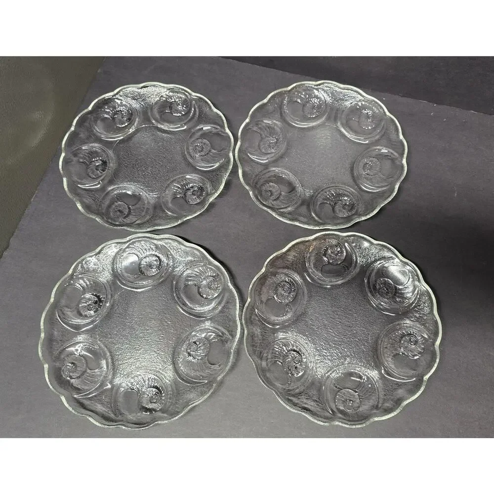 Vintage Clear Pressed Glass Snail Escargot Seafood Plates Set Of 4 Round
